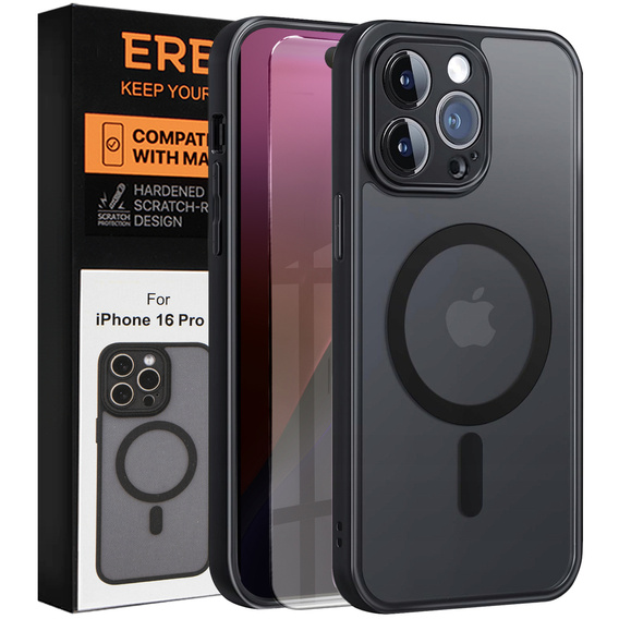 Θήκη για iPhone 16 Pro, για MagSafe, ERBORD Μatt Case, μαύρη + Γυαλί οθόνης
