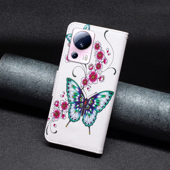Θήκη με πτερύγιο για Xiaomi 13 Lite, Wallet, butterfly & flowers, λευκή