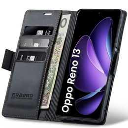 Θήκη για Oppo Reno 13, ERBORD Glossy Litchi, πορτοφόλι με πτερύγιο, μαύρη