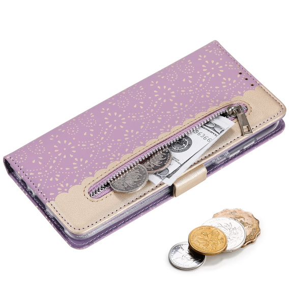 θήκη πτερύγιο για Samsung Galaxy A54 5G, Wallet Pocket Zipper Lace, μωβ