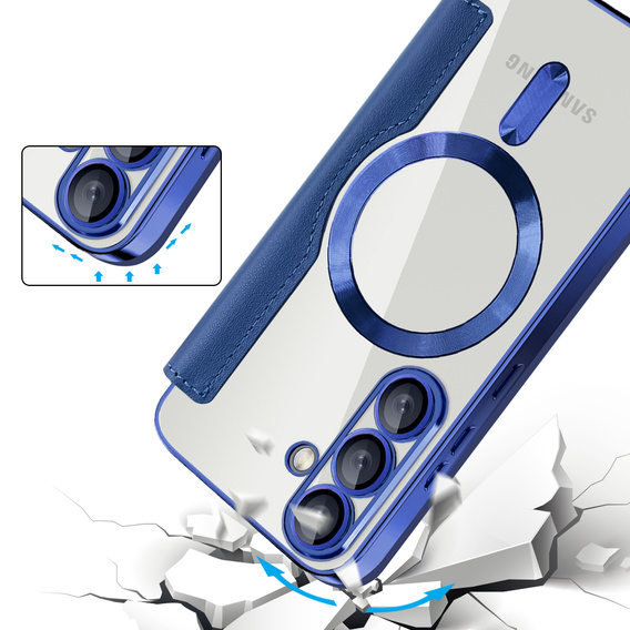 Θήκη με πτερύγιο για Samsung Galaxy A17 5G, πορτοφόλι RFID, για MagSafe, διάφανο / μπλε ναυτικό