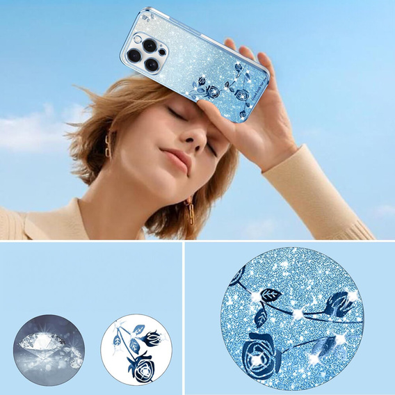 Θήκη για iPhone 16 Pro, Glitter Flower, μπλε