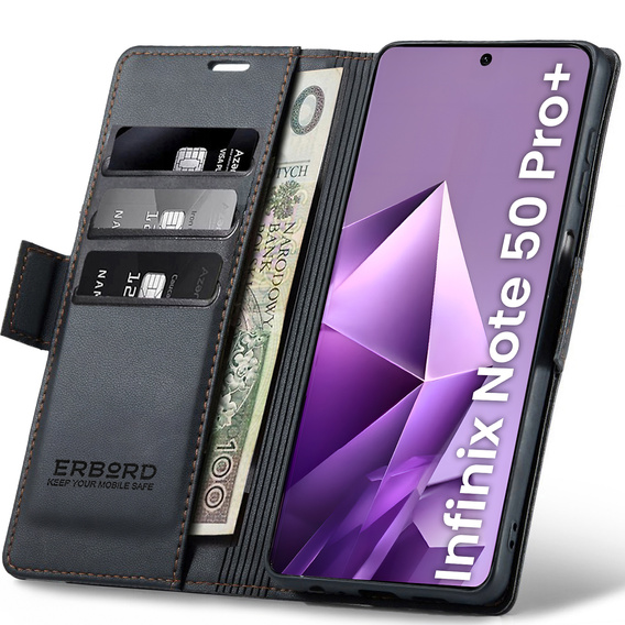Θήκη για Infinix Note 50 Pro+, ERBORD Glossy Litchi, πορτοφόλι με πτερύγιο, μαύρη