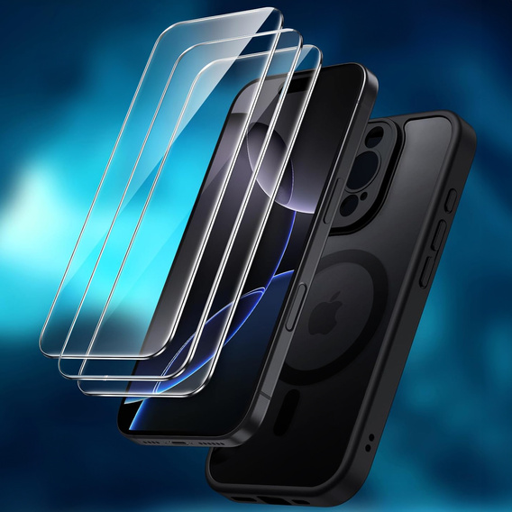 Θήκη για iPhone 16 Pro, για MagSafe, ERBORD Μatt Case, μαύρη + Γυαλί οθόνης