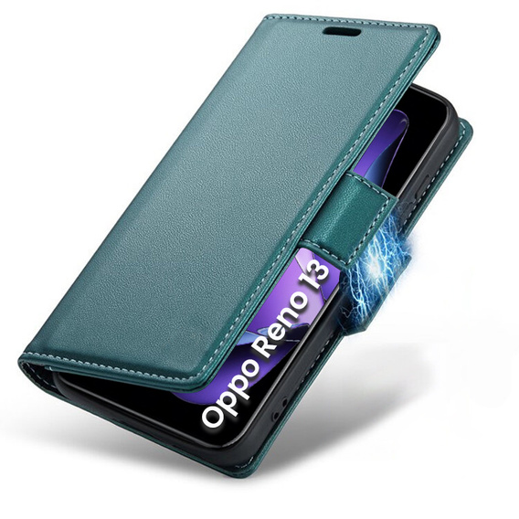 Θήκη για Oppo Reno 13, ERBORD Glossy Litchi, πορτοφόλι με πτερύγιο, πράσινη
