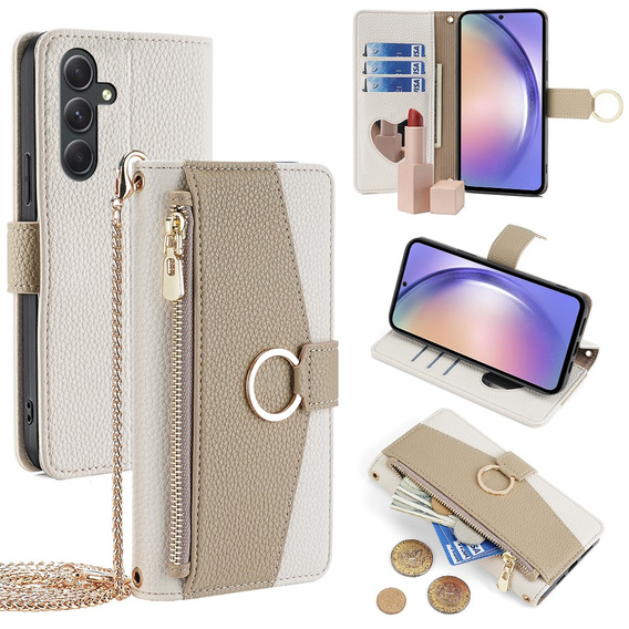 θήκη Wallet Zipper Pocket flip για το Samsung Galaxy A54, Wallet Zipper Pocket, με καθρέφτη, λευκή