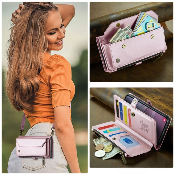 θήκη CASEME για Samsung Galaxy S24 FE, RFID Leather Wallet, με λουράκι ώμου, ροζ