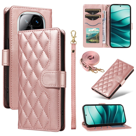 θήκη πτερύγιο για Xiaomi Redmi Note 14 Pro 5G / Xiaomi Redmi Note 14 Pro+ 5G / Xiaomi Poco X7 5G, Rhombus Crossbody Leather, ροζ rose gold