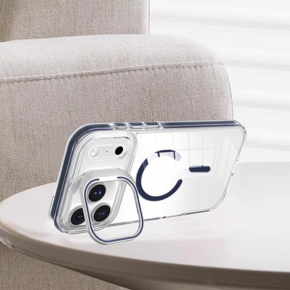 Θήκη για iPhone 17 Pro Max, για MagSafe, με βάση, διάφανη με μπλε ένθετα