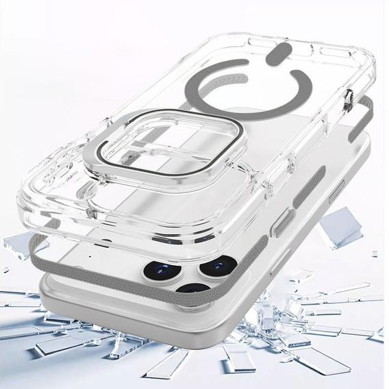 Θήκη για iPhone 17 Pro, για MagSafe, με βάση, διάφανη με γκρι ένθετα