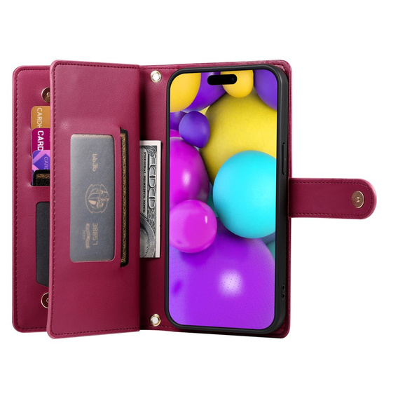 Θήκη με πτερύγιο για iPhone 16 Plus, Wallet Zipper Pocket, κόκκινη