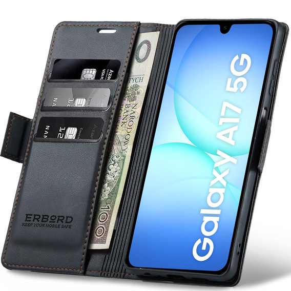 Θήκη για Samsung Galaxy A17 5G, ERBORD Glossy Litchi, πορτοφόλι με πτερύγιο, μαύρη