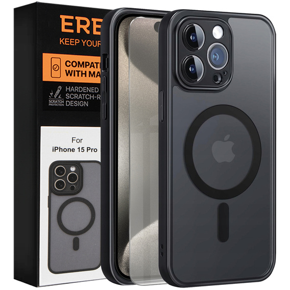 Θήκη για iPhone 15 Pro, για MagSafe, ERBORD Μatt Case, μαύρη + Γυαλί οθόνης