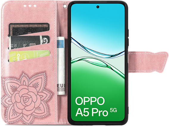 Θήκη με πτερύγιο για Oppo A5 Pro 5G, Butterfly, ροζ rose gold