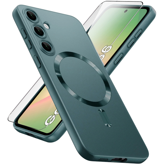 Θήκη για Samsung Galaxy A56, ColorMag, για MagSafe, πράσινη + γυαλί 9H, μετριασμένο
