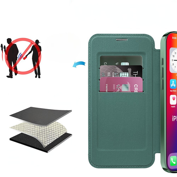 Θήκη με πτερύγιο για iPhone 16, RFID Wallet MagSafe CamShield, πράσινη