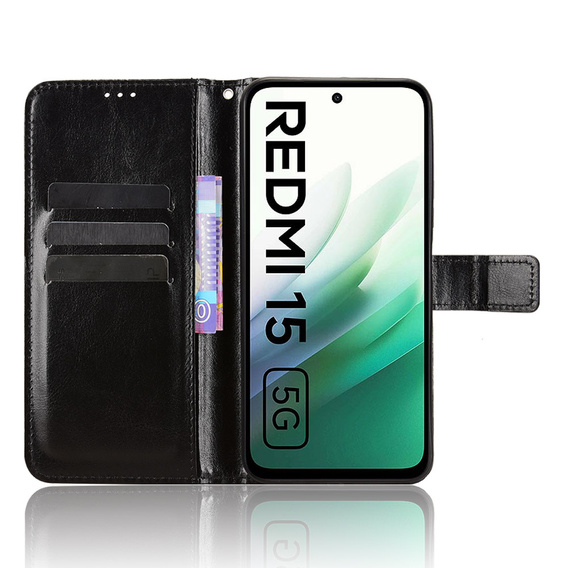Θήκη με πτερύγιο για Xiaomi Redmi 15 5G / 4G, υφή Crazy Horse, μαύρο