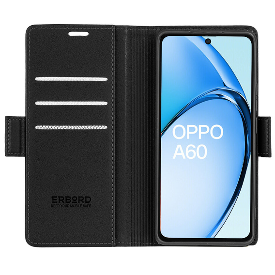 Θήκη για Oppo A60, ERBORD Glossy Litchi, πορτοφόλι με πτερύγιο, μαύρη