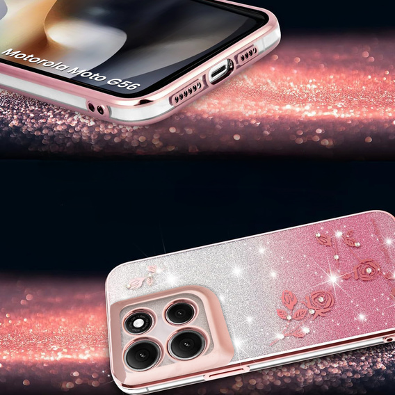 Θήκη για Motorola Moto G56 5G, Glitter Flower, ροζ rose gold