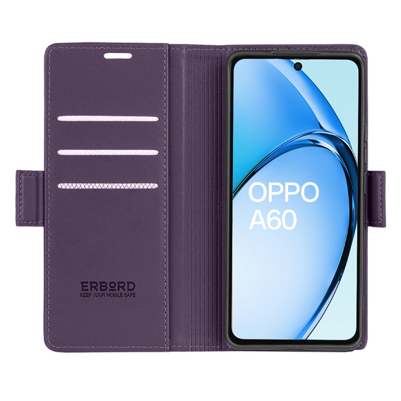 Θήκη για Oppo A60, ERBORD Glossy Litchi, πορτοφόλι με πτερύγιο, μωβ