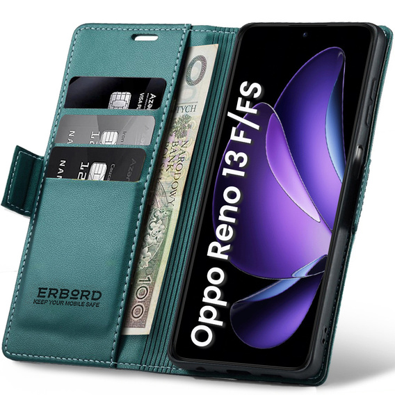 Θήκη για Oppo Reno 13F / Oppo Reno 13FS, ERBORD Glossy Litchi, πορτοφόλι με πτερύγιο, πράσινη