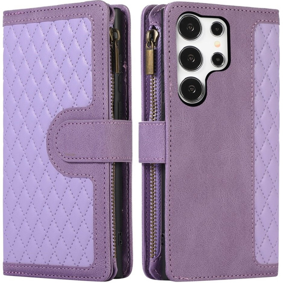 Θήκη με πτερύγιο για Samsung Galaxy S24 Ultra, Wallet Zipper Pocket, με ιμάντα ώμου, μωβ