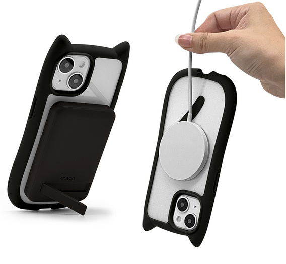 Θήκη για iPhone 13 / iPhone 14, για MagSafe, Cute Cat, μαύρη + Γυαλί οθόνης