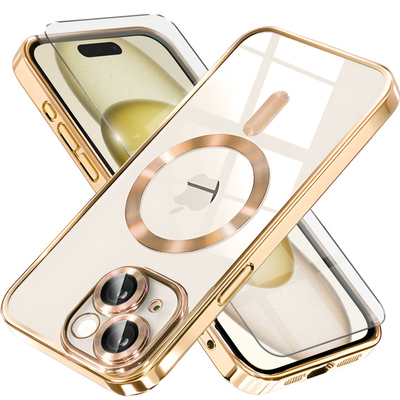 Θήκη για iPhone 15, Electro MagSafe, χρυσή + Γυαλί για την οθόνη