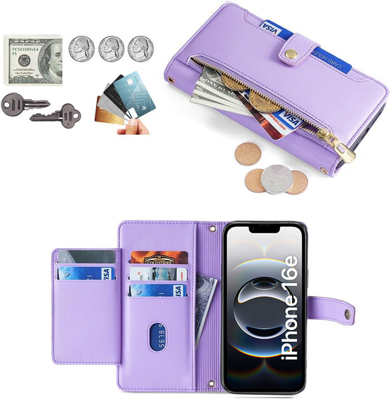 Θήκη με πτερύγιο για iPhone 16E, Wallet Zipper Pocket, μωβ