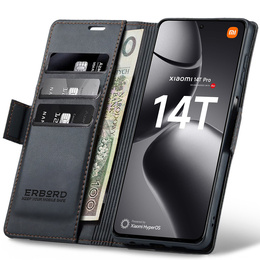 Θήκη για Xiaomi 14T Pro, ERBORD Glossy Litchi, πορτοφόλι με πτερύγιο, μαύρη