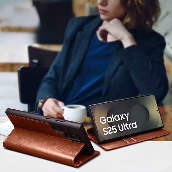 θήκη flip για Samsung Galaxy S25 Ultra, QIALINO Leather Wallet, καφέ