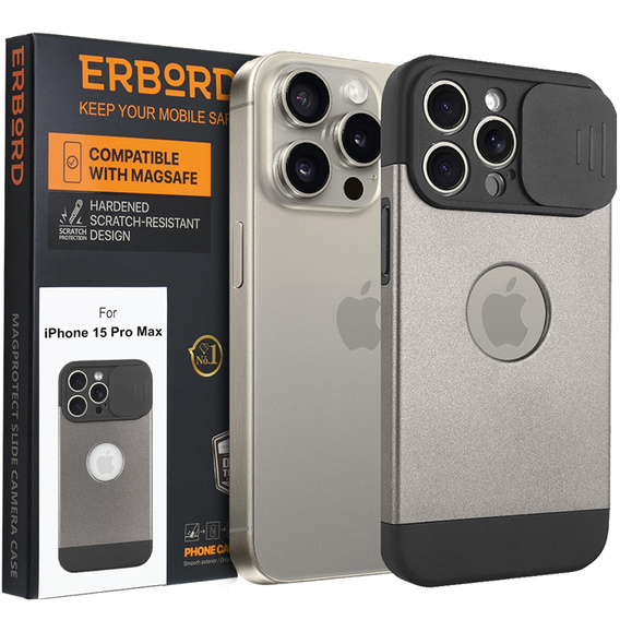 Θήκη για iPhone 15 Pro Max, ERBORD MagProtect Slide Camera, γκρι τιτανίου