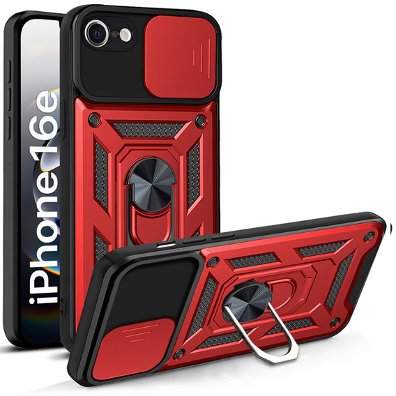 Θωρακισμένη θήκη για iPhone 16E, CamShield Slide, κόκκινη + Μετριασμένο γυαλί 9H