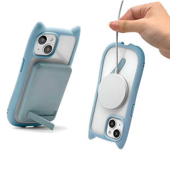 Θήκη για iPhone 13 / iPhone 14, για MagSafe, Cute Cat, μπλε + Γυαλί οθόνης