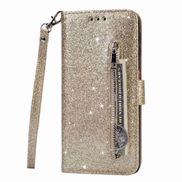 Θήκη με πτερύγιο για Samsung Galaxy S24 Ultra, Wallet Zipper Pocket Glittery, χρυσή