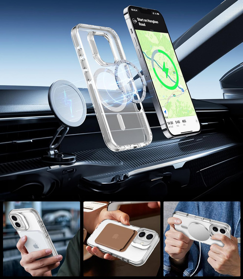 Θήκη για iPhone 17, για MagSafe, με βάση, διάφανη με γκρι ένθετα