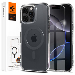 Θήκη MagSafe Spigen για iPhone 16 Pro Max, Ultra Hybrid, διαφανής / γκρι + Μετριασμένο γυαλί 9H