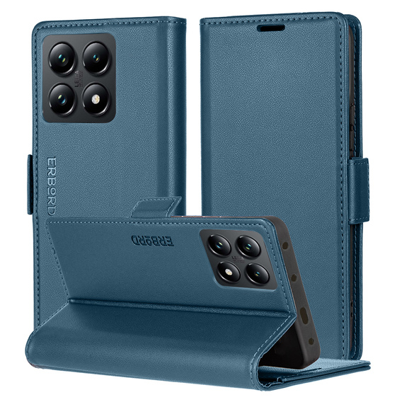 Θήκη για Xiaomi 14T, ERBORD Glossy Litchi, πορτοφόλι με πτερύγιο, μπλε