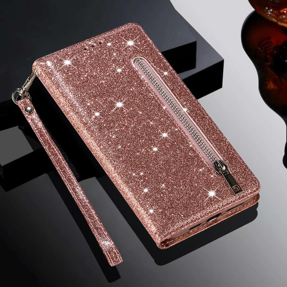 Θήκη με πτερύγιο για Samsung Galaxy A56 5G, Wallet Zipper Pocket Glittery, ροζ rose gold
