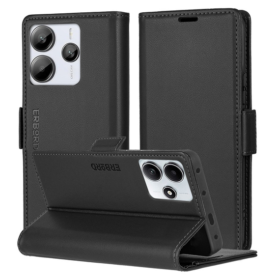 Θήκη για Xiaomi Redmi Note 14 5G, ERBORD Glossy Litchi, πορτοφόλι με πτερύγιο, μαύρη