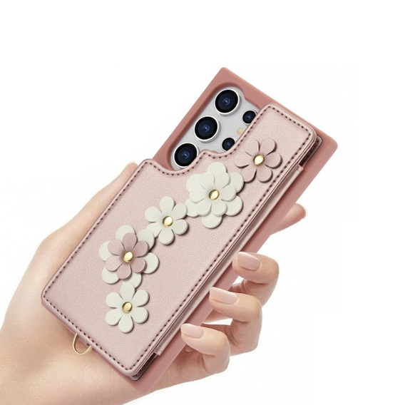θήκη για Samsung Galaxy S24 Ultra, Leather Flower Card Slot, ροζ