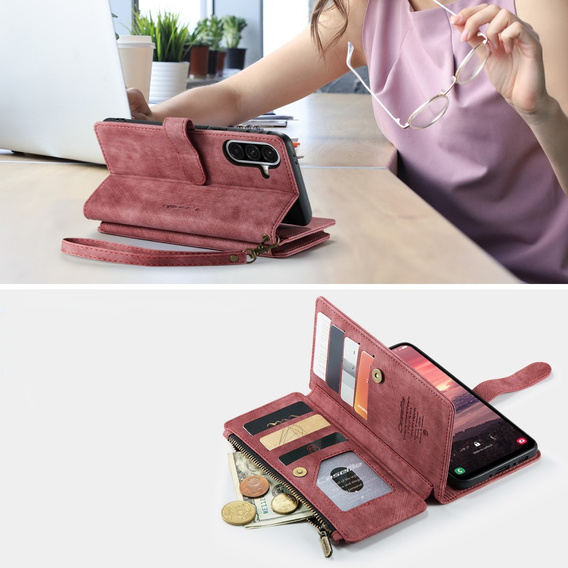 Η θήκη CASEME για Samsung Galaxy A56 5G, Leather Wallet Cash and Card Slots, με λουράκι, κόκκινη