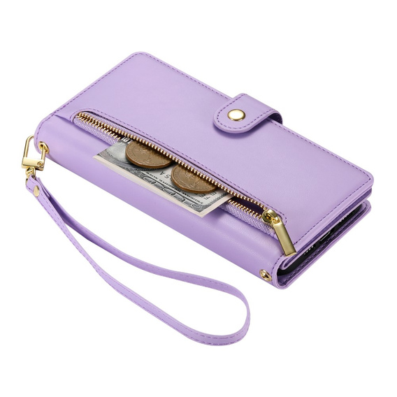 Θήκη με πτερύγιο για iPhone 16 Pro, Wallet Zipper Pocket, μωβ