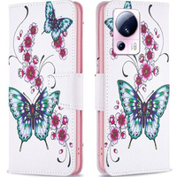 Θήκη με πτερύγιο για Xiaomi 13 Lite, Wallet, butterfly & flowers, λευκή