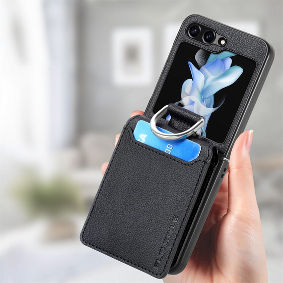Θήκη για Samsung Galaxy Z Flip7 FE / Z Flip6, Card Slot Ring Case, μαύρη