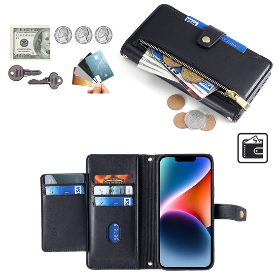 Θήκη με πτερύγιο για iPhone 14, Wallet Zipper Pocket, μαύρη