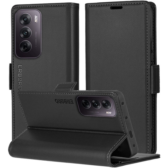 Θήκη για Oppo Reno 12, ERBORD Glossy Litchi, πορτοφόλι με πτερύγιο, μαύρη