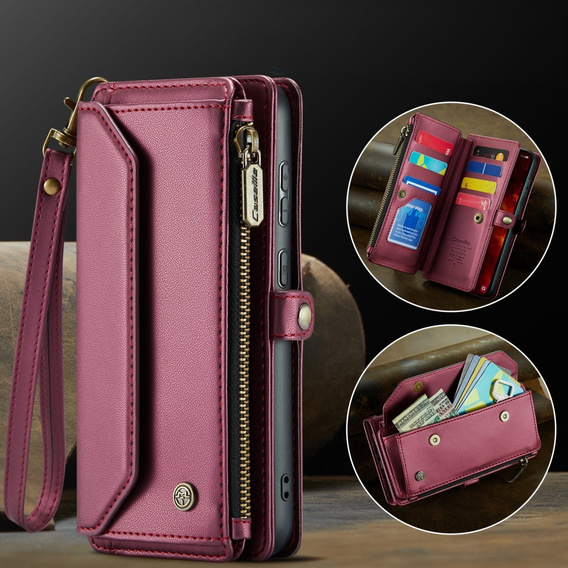 θήκη CASEME για Samsung Galaxy S24 FE, RFID Leather Wallet, με λουράκι ώμου, κόκκινη