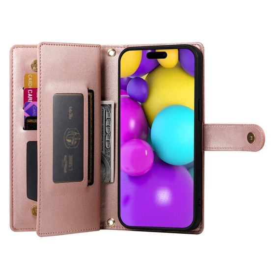 Θήκη με πτερύγιο για iPhone 16 Plus, Wallet Zipper Pocket, ροζ