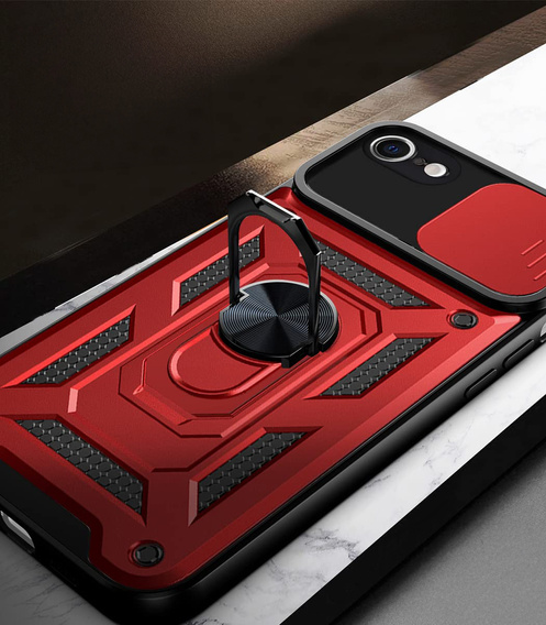 Θωρακισμένη θήκη για iPhone 16E, CamShield Slide, κόκκινη + Μετριασμένο γυαλί 9H